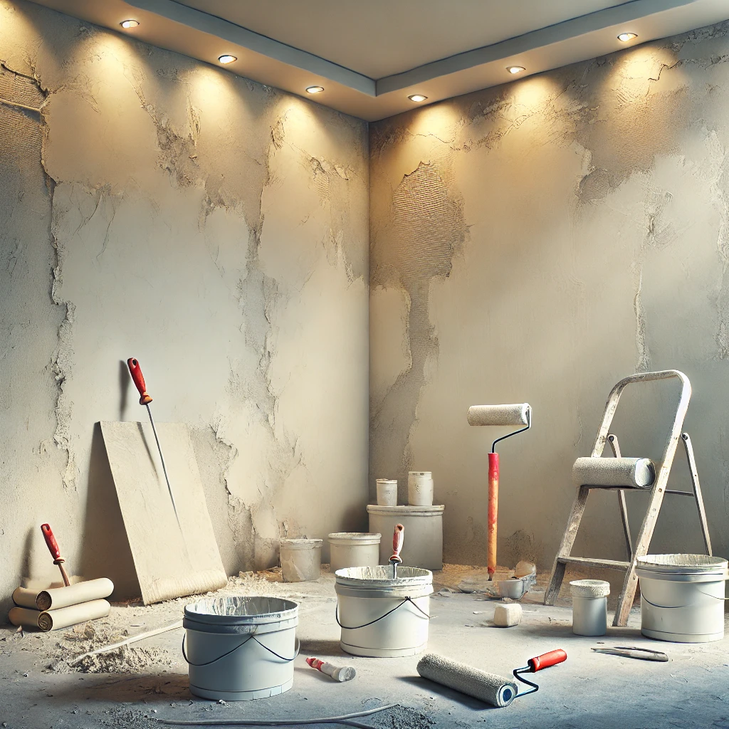 DALL·E 2024-12-25 21.21.02 - A realistic depiction of plaster and painting works in progress. The image includes walls being plastered and painted, with tools such as trowels, rol