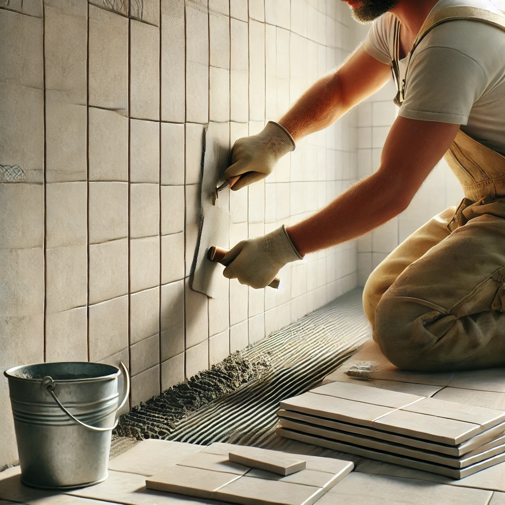 DALL·E 2024-12-25 21.21.07 - A realistic depiction of tile work in progress. The image shows a worker applying tiles on a wall with precise alignment, using tools like a trowel an