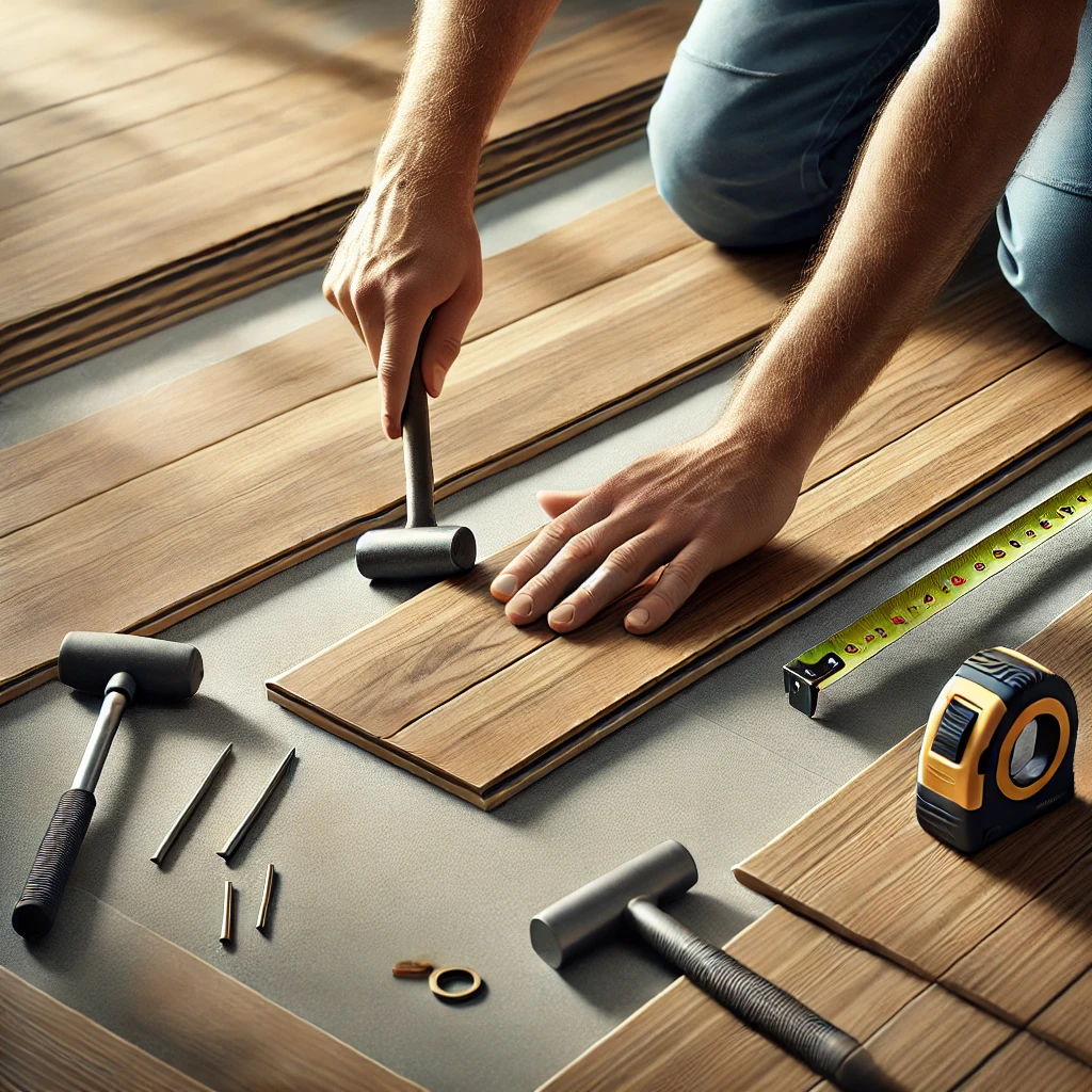 DALL·E 2024-12-25 21.21.40 - A realistic depiction of laminate and vinyl flooring installation. The image features hands carefully aligning laminate planks with realistic wood gra