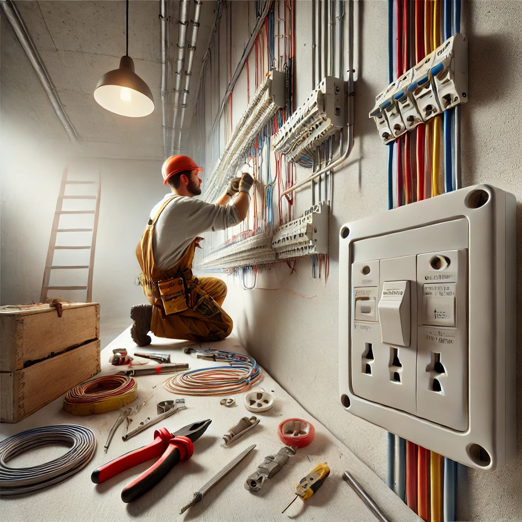 DALL·E 2024-12-25 21.21.44 - A realistic depiction of electrical work in progress. The image shows a worker installing wires and sockets on a clean white wall, with tools like a s