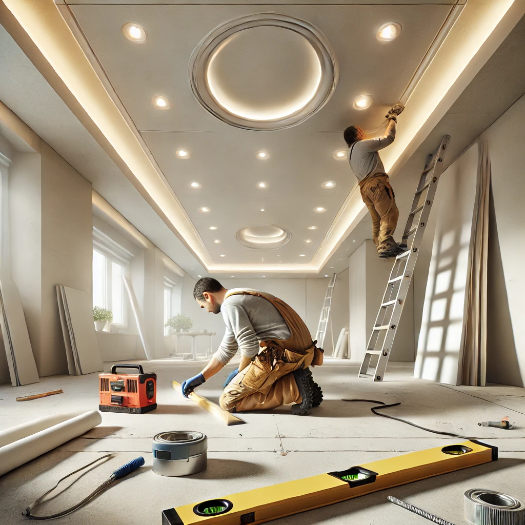 DALL·E 2024-12-25 21.21.48 - A realistic depiction of ceiling work in progress. The image shows a worker installing or finishing a modern ceiling, with tools like a drill, a level
