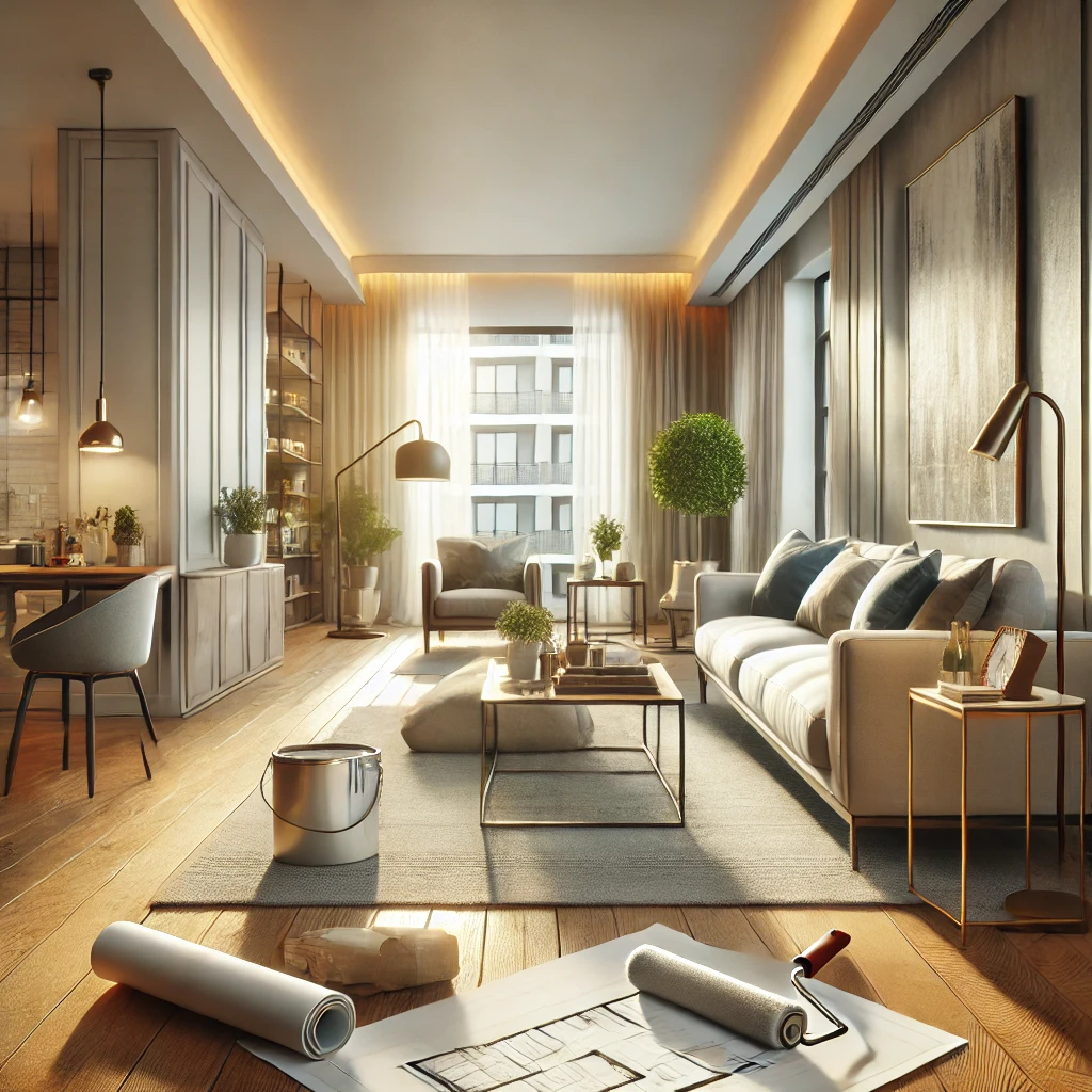 DALL·E 2024-12-25 21.29.41 - A realistic and inviting image representing comprehensive apartment renovation. The scene features a beautifully renovated modern living room with a m